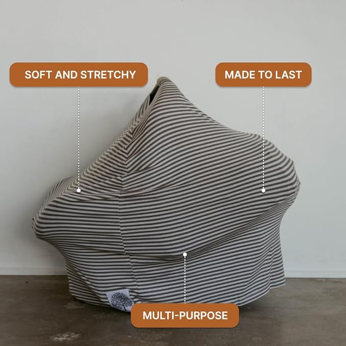 Parker Baby 4 in 1 Car Seat Cover for Girls and Boys - Stretchy Carseat Canopy, Nursing Cover, Grocery Cart Cover, High Chair Cover - “Pewter/Snow Stripes”