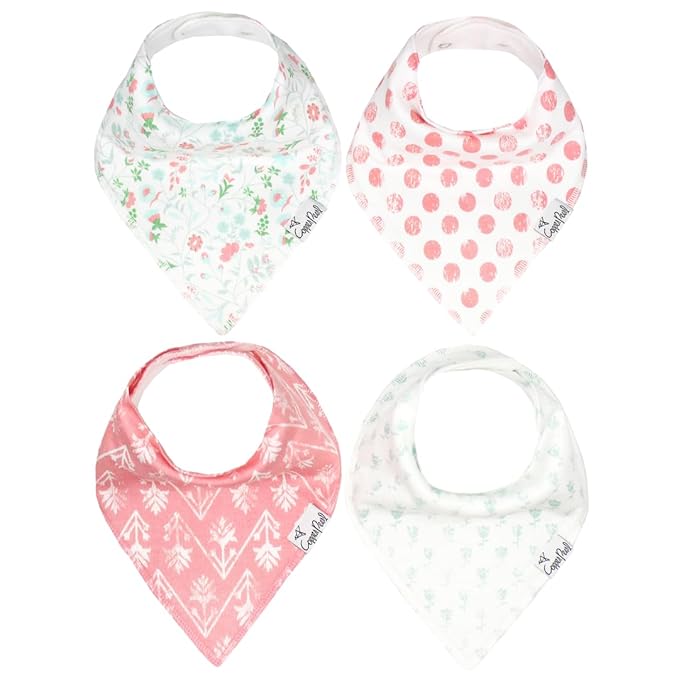 Copper Pearl 4 Pack Soft Cotton Baby Bibs for Drooling and Teething, Absorbent Drool Bibs for Baby Girl, Adjustable to Fit Newborns to Toddlers, Tons of Styles (Claire Set)