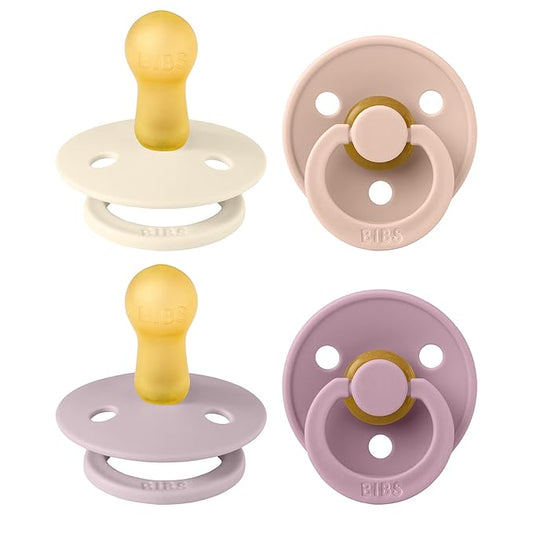 BIBS Colour Soother 4-Pack, BPA Free Dummy Pacifier, Round Nipple. Natural Rubber Latex, Made in Denmark. 6-18 Months (Pack of 2), Baby Girl Colours