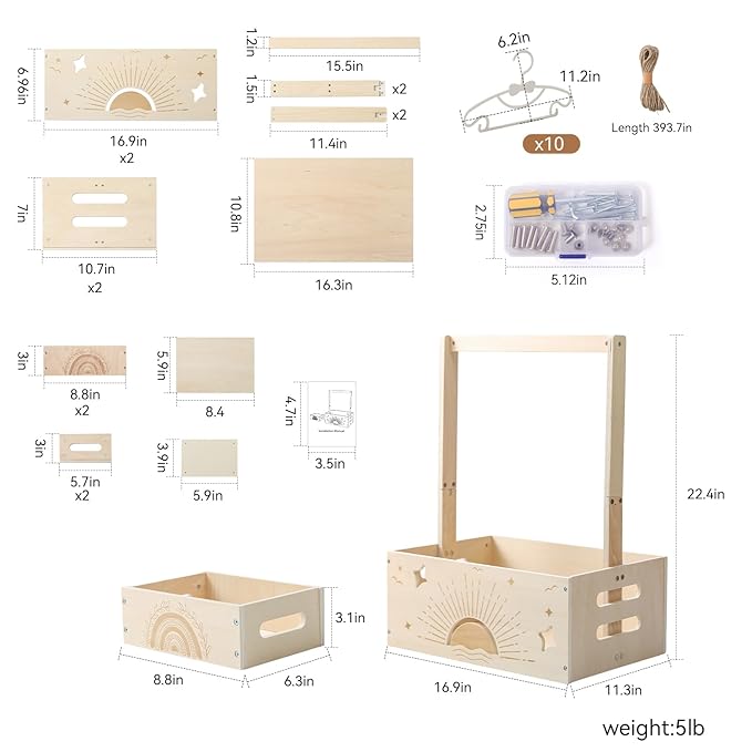 Wooden Baby Shower Crate Closet Set with 10 Hangers, Baby Clothing Rack,Shower Party Basket with Handle and Swing, Large Capacity Baby Storage Crate, Newborn Baby Gifts Basket for New Parent ( 2 PCS)