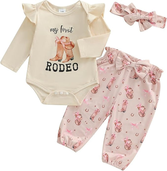 Fernvia Western Newborn Baby Girl Clothes Long Sleeve Letter Print Romper Animal Print Pants Headband 3Pcs Outfits Sets