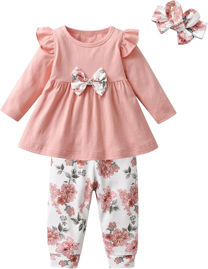 3PCS Baby Girl Clothes Ruffle Floral Shirt Tops Pants Headband Outfit Sets