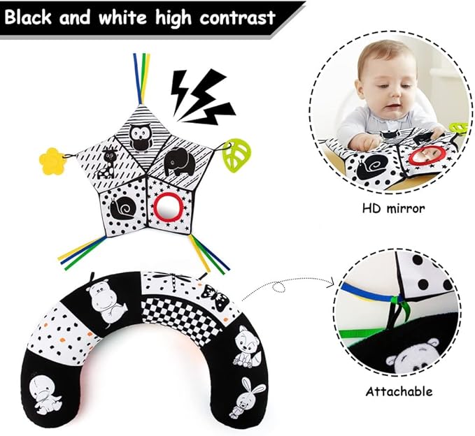 teytoy Tummy Time Pillow with Crinkle Mat & Teethers, Black and White High Contrast Baby Toys with Mirror, Montessori Sensory Crawling Toy for Infant Newborn Toddler Tummy Time Toys 0-6 Months Babies