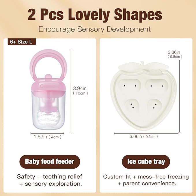 Baby Fruit Feeder & Popsicle Molds Tray Combo, New Born Must Haves and Babies Led Weaning Supplies for Safe Infant Self Feeding, 6+ Month (Pink)
