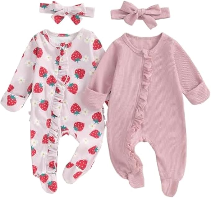Baby Girl Footies Newborn Zipper Sleeper 2 Pack Ruffle Pajamas Romper Coming Home Outfit