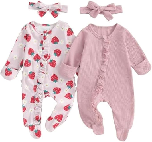 Baby Girl Footies Newborn Zipper Sleeper 2 Pack Ruffle Pajamas Romper Coming Home Outfit
