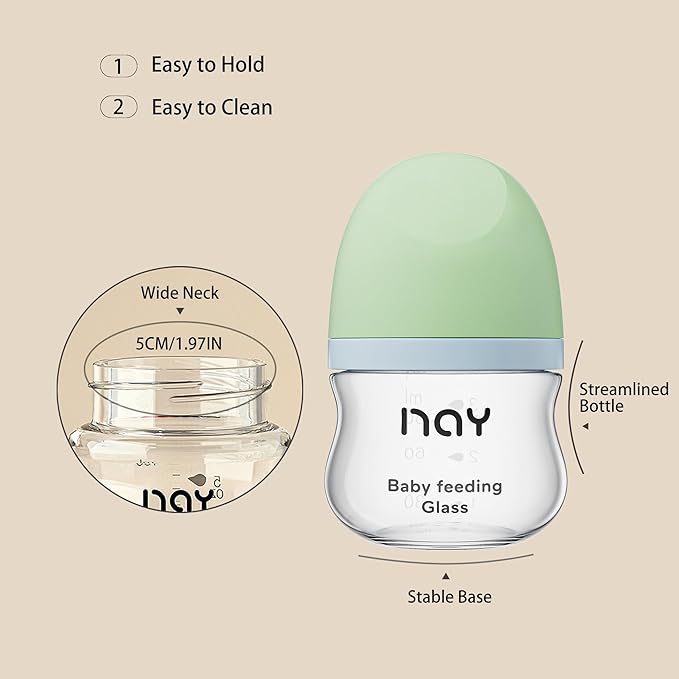 Natural Glass Baby Bottle Wide Neck, Newborn Anti-Colic Baby Bottle, Clear, 3oz(Pack of 2), Includes 2Pcs Slow Flow Nipple(SS), 0 Months+
