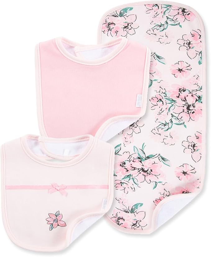 Little Me Clothes for Baby Boys’ and Girls’ 2 Bibs and 1 Burp Cloth Set, Soft Cotton Feeding Essentials with Velcro Closures
