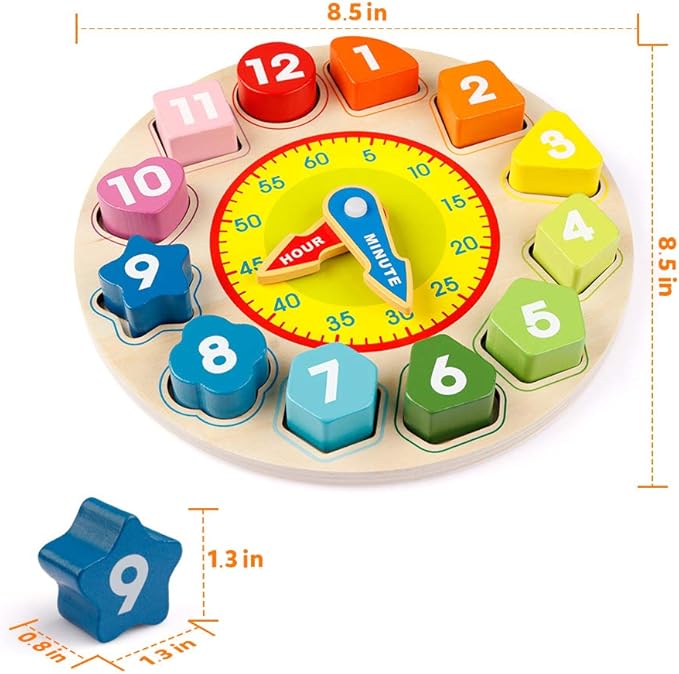 Coogam Wooden Shape Color Sorting Clock – Teaching Time Number Puzzle Stacking Sorter Jigsaw Montessori Early Learning Educational Toy Gift for Year Old Kids