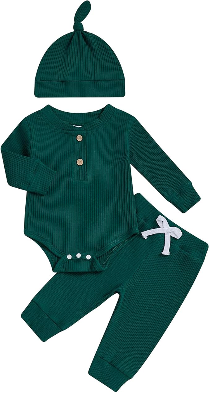Newborn Baby Boy Clothes Long Sleeve Ribbed Bodysuit Pants Hat 3-Piece Outfit Set