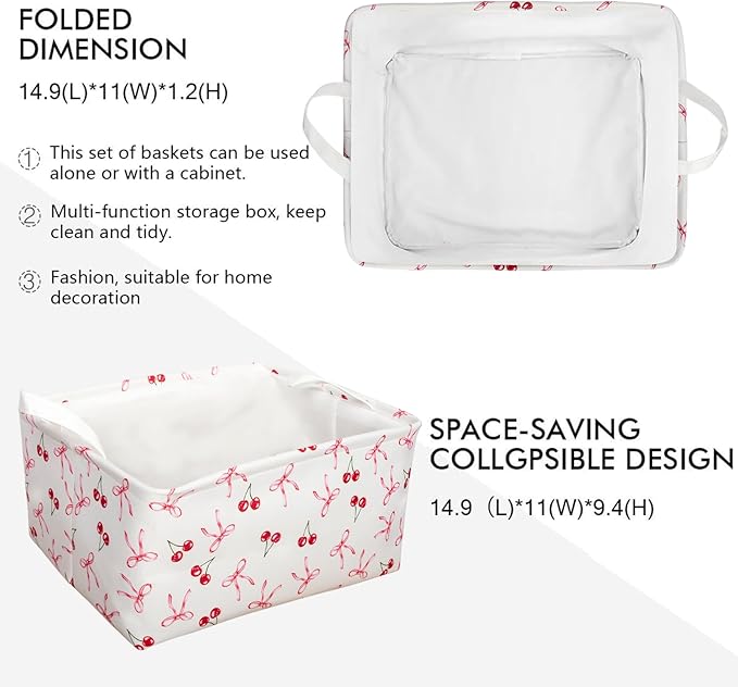 3 Pcs Pink Bow Storage Basket, Coquette Girls Rectangle Storage Bins Box with Handles, Bows and Chery Shelf Basket Ideal for Room Nursery Decor, Books, Organizing Clothes, Toys