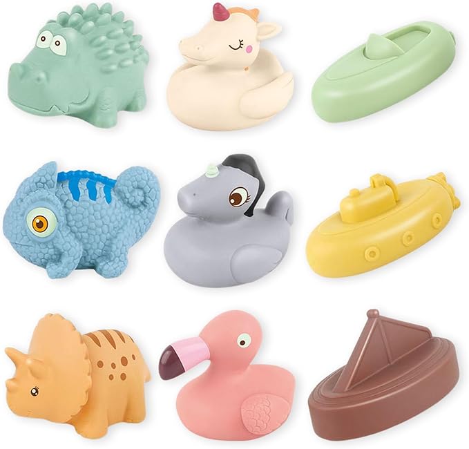 Bath Toys for Babies, 9 Pack Mold Free & No Hole Bath Toys with Rubber Floating Boats & Animals, Toddlers Bathtub Water Play Toys for Baby Gifts