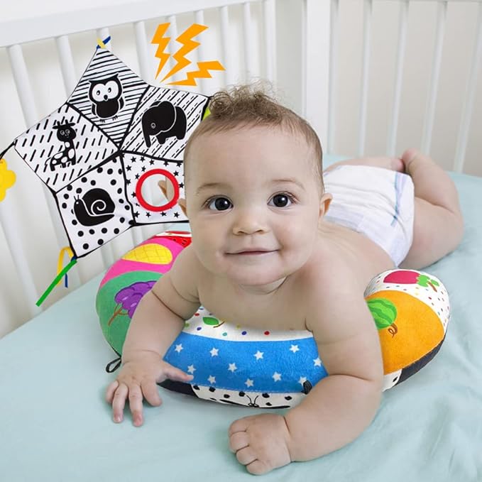 teytoy Tummy Time Pillow with Crinkle Mat & Teethers, Black and White High Contrast Baby Toys with Mirror, Montessori Sensory Crawling Toy for Infant Newborn Toddler Tummy Time Toys 0-6 Months Babies