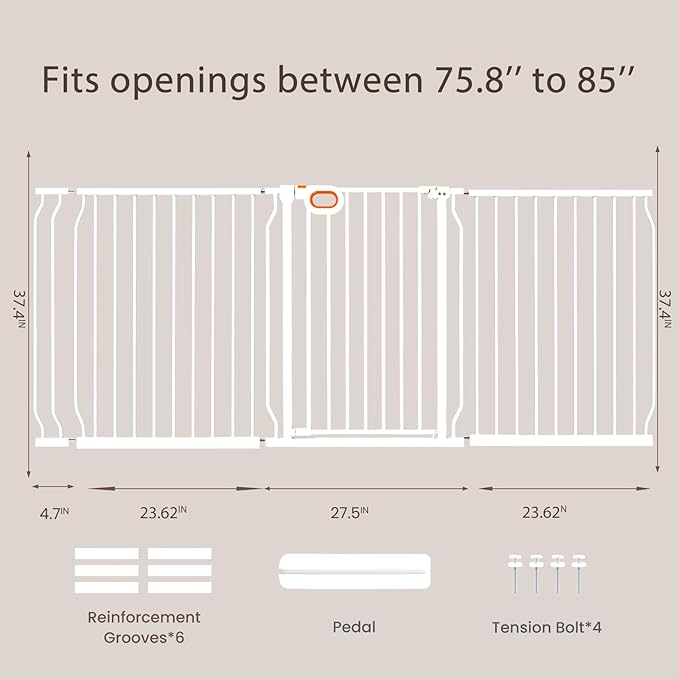 owlie 37.4" Extra Tall Wide Baby Gate for Stairs Doorways,75-85 Inch Extra Large Long Baby Gate with Door Indoor Safety Metal Pressure Mounted Pet Gate with Walk-Thru Auto Close, White