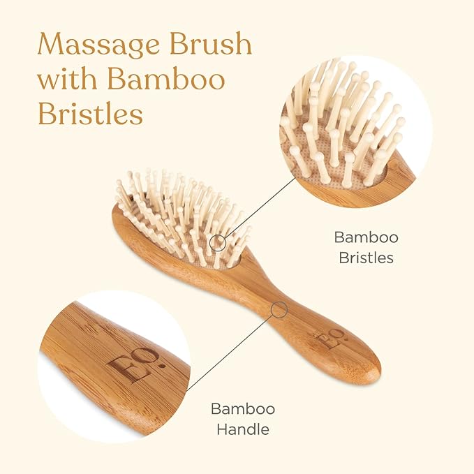 ELLAOLA Natural Bamboo Hair Brush & Comb Set, 3 Piece - Cradle Cap Brush, Massage Hair Brush, Bamboo Comb for Toddlers, Newborns & Infants I Baby Registry Gift