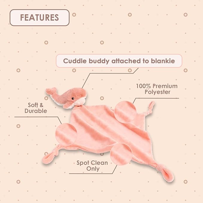 MON AMI Coral Whale Plush Lovey for Babies – 13.5” | Knotted Security Blanket for Newborns