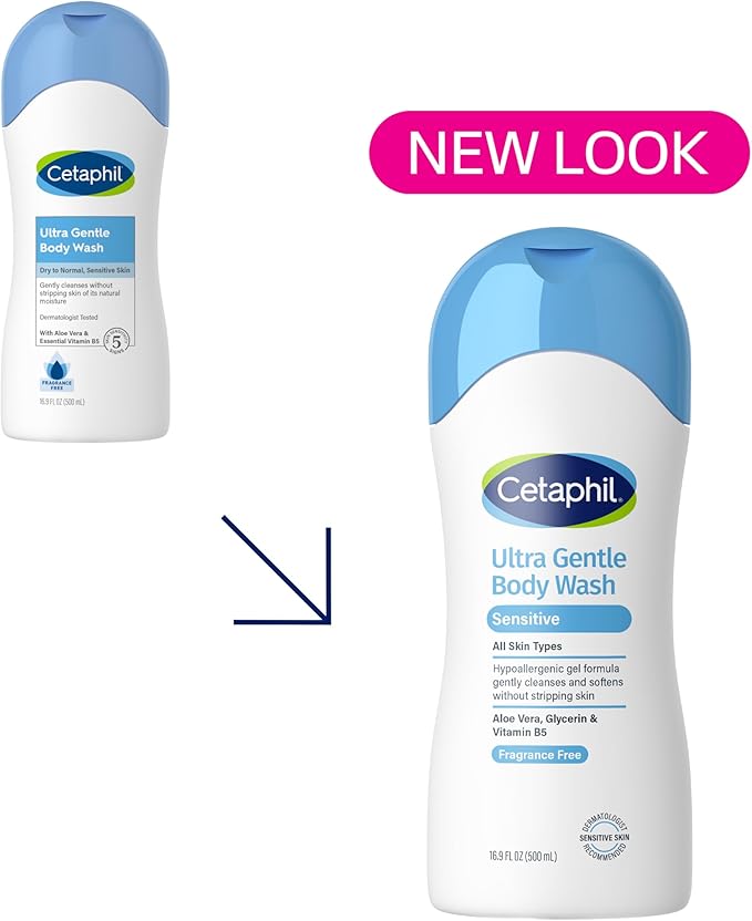 Cetaphil Ultra Gentle Refreshing Body Wash, For Dry to Normal, Sensitive Skin, 16.9oz Pack of 3, Aloe Vera, Calendula, Vitamin B5, Hypoallergenic, Paraben Free, Fragrance Free, Dermatologist Tested