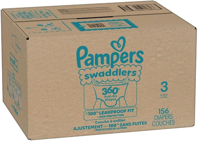 Pampers Diapers - Swaddlers 360° - Size 3, 156 Count, up to 100% Leakproof Comfy Dry Fit, Designed for Easy Changes, Pull On Baby Diaper (Packaging May Vary)