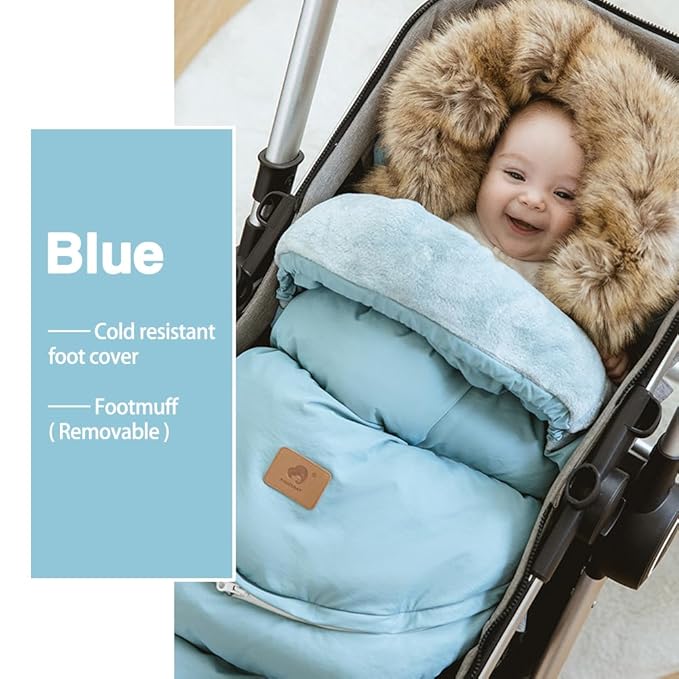 Fairy Baby Winter Cold Universal Stroller Bunting Bag for Baby Toddler-Waterproof Windproof Car Seat Cover Stroller Footmuff - Dog Outdoor Sleeping Bag with Oversized Fur Collar (Blue)