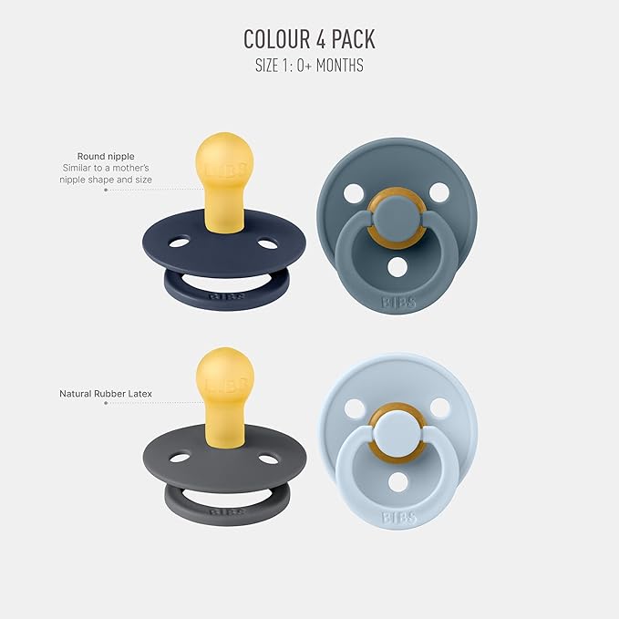 BIBS Colour Soother 4-Pack | BPA Free Dummy Pacifier | Round Nipple | Natural Rubber Latex | Made in Denmark | Size 0-6 Months | Deep Space Mix