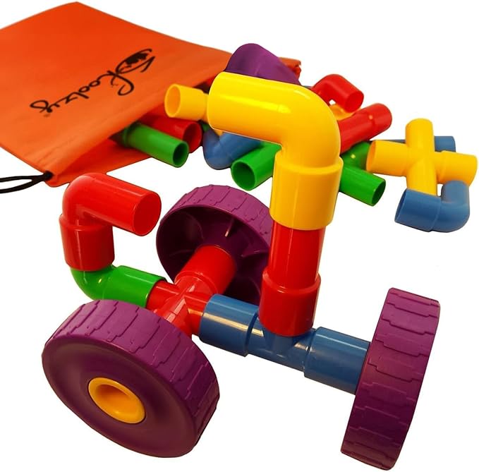 Skoolzy STEM Learning Pipe Tube 29 Piece Toys_and_Games Set, Educational Construction Building Blocks for ADHD & Autism for Baby, Kid Includes Wheels Pipes Joints and eBook