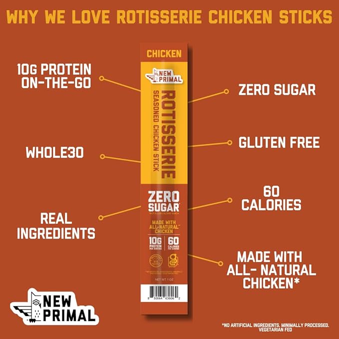 New Primal Rotisserie Chicken Sticks, Zero Sugar High Protein Snack, Gluten Free Whole30 Healthy Snacks, Keto and Paleo Friendly, Jerky Meat Stick, 10g Protein, 5 Count
