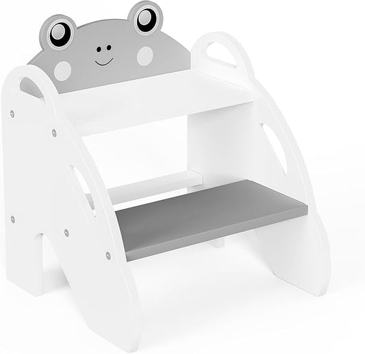 Frog-Themed Toddler Step Stool, 2-Step Stool for Bathroom Sink & Potty Training, Kids Kitchen Helper Stool with Safety Handles (Natural Wood, 120lbs Capacity),Gray