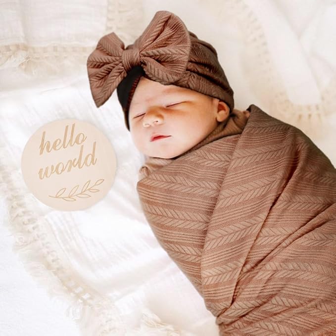 Newborn Receiving Blanket with Bow Hat Mittens Wooden Card Set Wheat-Pattern Newborns Toddler Baby Boy Girl Nursery Swaddle Wrap