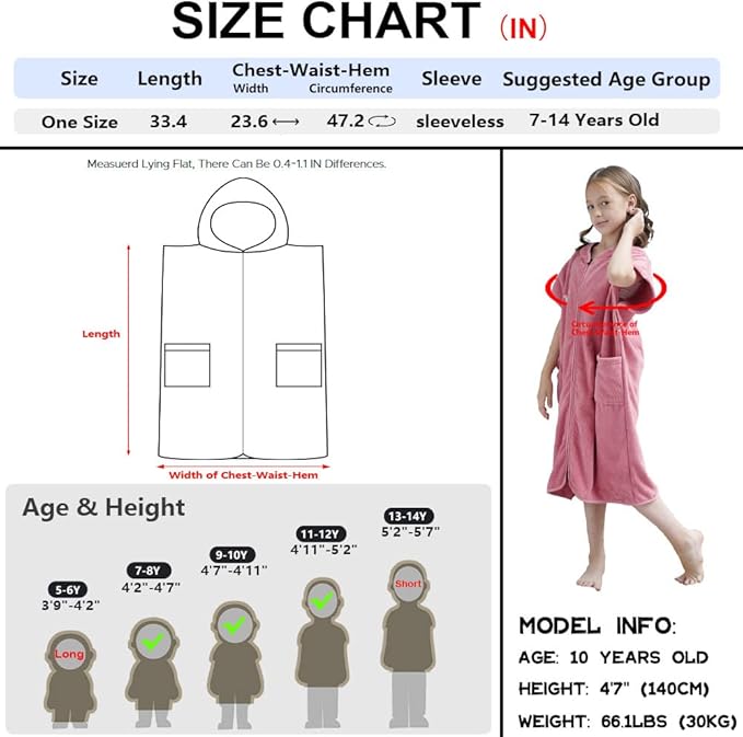 Hiturbo Kids Bath Towel Hoodie: Absorbent Quick Dry Zipper Surf Poncho - Changing Towels Swimming Outerwear (Pink)