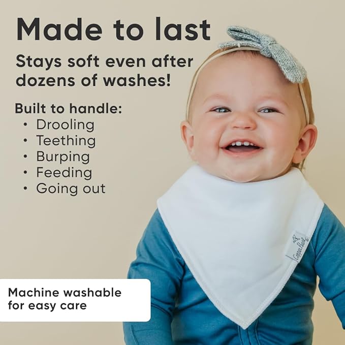 Copper Pearl 4 Pack Soft Cotton Baby Bibs for Drooling and Teething, Absorbent Drool Bibs for Baby Girl and Boy, Adjustable to Fit Newborns to Toddlers (White Basics)