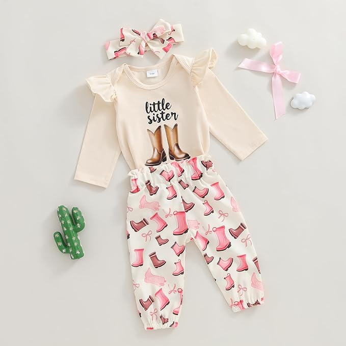 Fernvia Western Newborn Baby Girl Clothes Long Sleeve Letter Print Romper Animal Print Pants Headband 3Pcs Outfits Sets