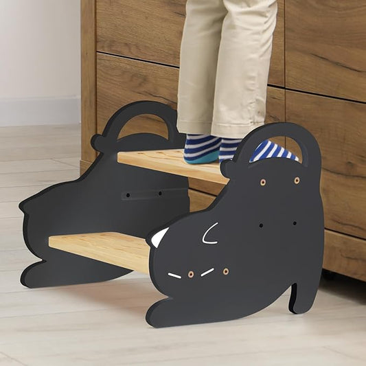 COSYLAND Wooden 2 Step Stools for Kids - Height Adjustable Toddler Stepping Stool with Non-Slip Surface - Portable Stool with Handles for Bathroom, Kitchen, Bedroom, 220 Lbs Capacity (Natural & Grey)