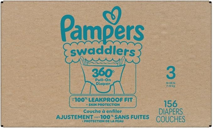 Pampers Diapers - Swaddlers 360° - Size 3, 156 Count, up to 100% Leakproof Comfy Dry Fit, Designed for Easy Changes, Pull On Baby Diaper (Packaging May Vary)