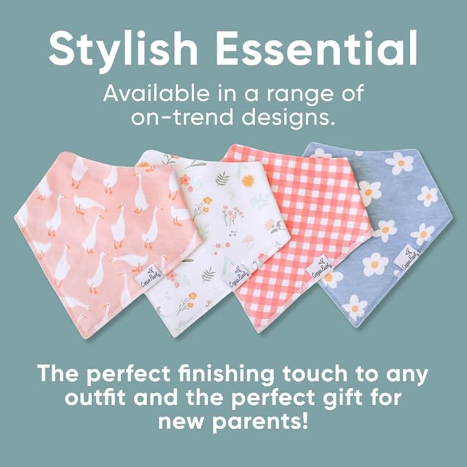 Copper Pearl 4 Pack Soft Cotton Baby Bibs for Drooling and Teething, Absorbent Drool Bibs for Baby Girl and Boy, Adjustable to Fit Newborns to Toddlers, Tons of Styles (Goosie)