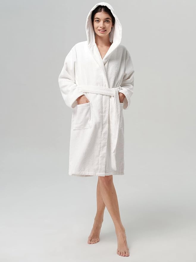 SIORO Womens Hooded Terry Cloth Robe, Cotton Absorbent Knee-Length Bathrobe, Housecoat with Pockets for Spa & Shower