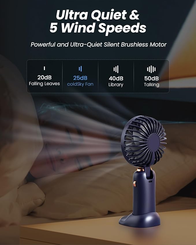 coldSky Portable Handheld Fan, 4000mAh Battery Operated Fan with LED Display, Handheld/Neck/Desk 3 in 1 Personal Small Fans, 90° Foldable Desk Fan with Base, 5 Speed Makeup Lash Fan for Women Blue