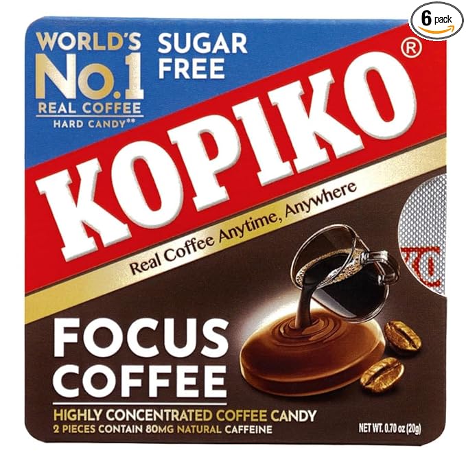 Kopiko Focus Coffee Candy – Have 80mg Caffeine per 2 Pieces for Energy & Mental Focus – Sugar-Free Hard Candy with Real Indonesian Coffee Extract (6 Pack w/4 Candies Each)