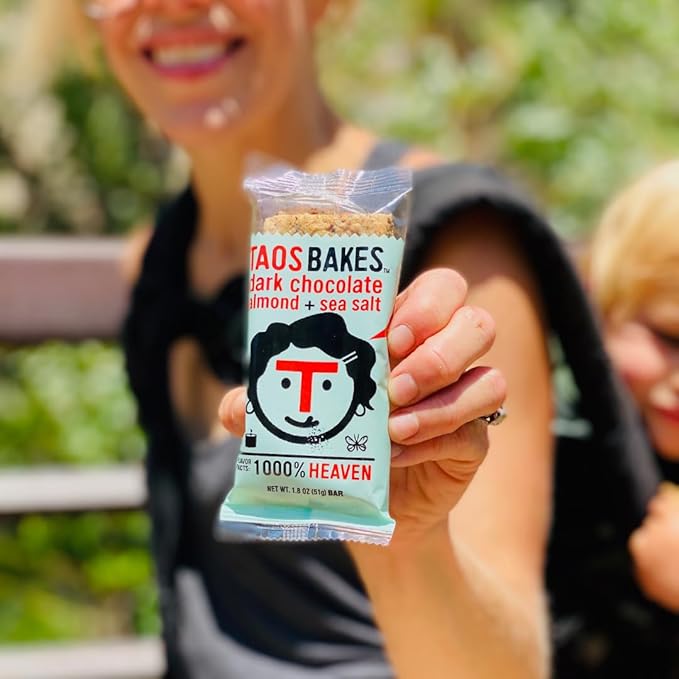 Taos Bakes - Snack Bars - Dark Chocolate Almond + Sea Salt - Protein Bars - 8g of Protein, High Fiber, Vegan, Gluten Free, & Non-GMO - Healthy Snacks for Adults & Kids - (12 Pack, 1.8oz Bars)