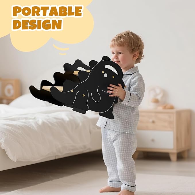 COSYLAND Wooden Toddler Step Stool for Kids with Non-Slip Surface and Handle - Supports Up to 220 Lbs Stool for Toddlers - Lovely Dinosaur Shaped Toddler Stepping Stool for Bathroom (Natural & Black)