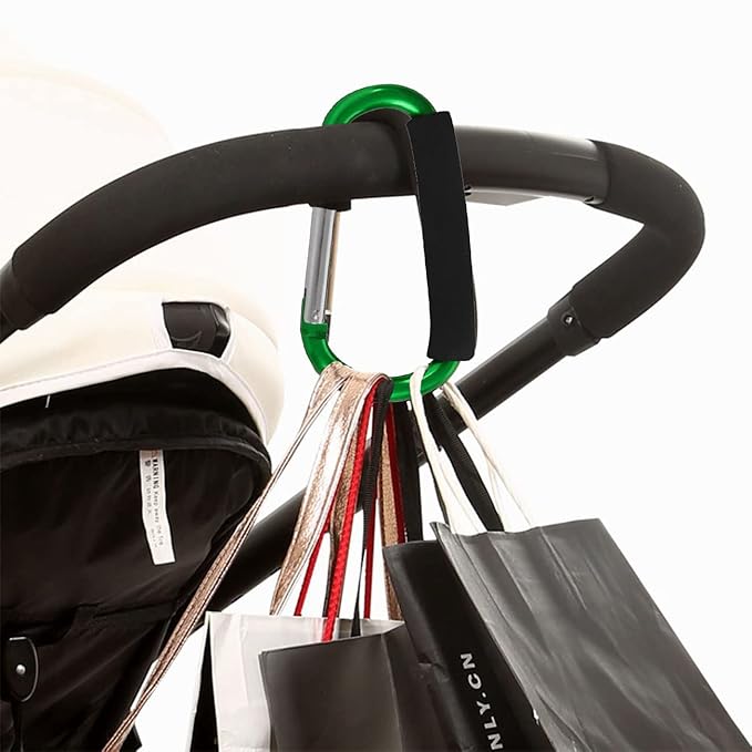 Stroller Hooks by Baby,2 pcs Carabiner Stroller Hook Organizer for Hanging Purses, Diaper Bag, Shopping Bags. Clip Fits Single/Twin Travel Systems, Car Seats and Joggers (Green)