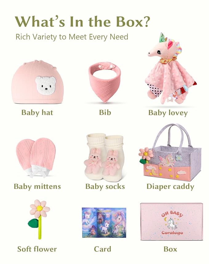 Coralogo Baby Shower Gift Basket - Baby Gift Set with Practical Diaper Caddy, Gifts for New Mom, Gender Reveal Gifts, New Born Essential Include Security Blanket Hat Bib Socks Mittens, Girl