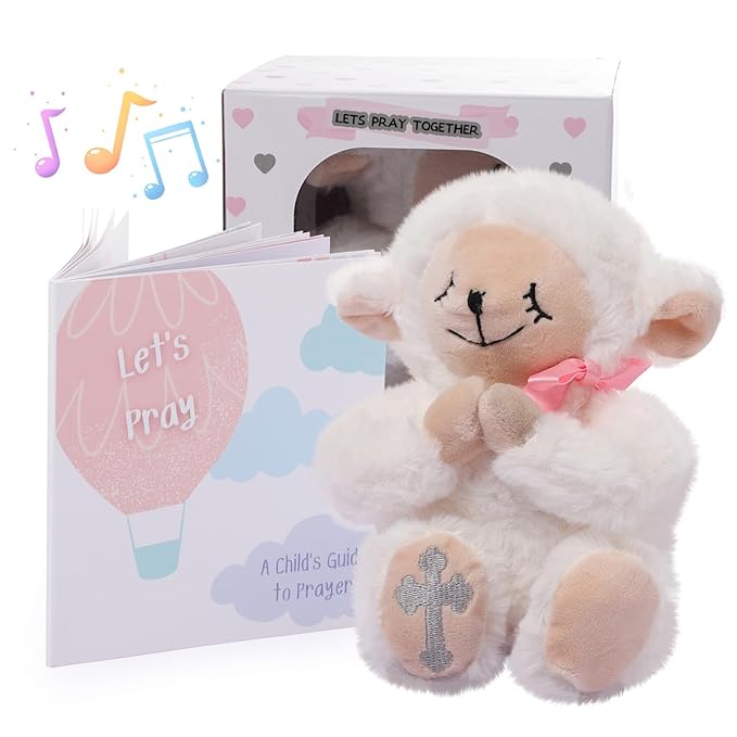 Baptism Gifts for Girls, Christening Dedication Gifts for Girls, Baby Praying Musical Lamb and Prayer Book Gift Set in Keepsake Box - Praying Stuffed Animal