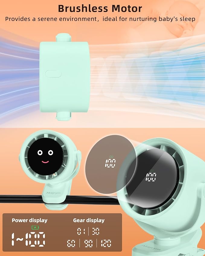 Clip on Fan for Bed, Portable Fan for Travel, 360° Rotate Battery Operated Personal Fan, Air Turbo Tech & Digital display, stroller fan with 5 Speeds, For Home Office Stroller Camping - Green