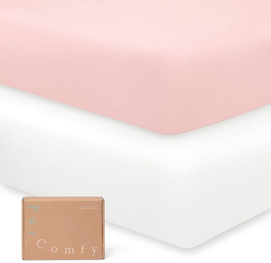 PurComfy Supersoft Crib Sheets 2-Pack, Premium Bamboo Viscose Stretchy Fitted Crib Sheet, Hypoallergenic Breathable Crib Sheets Boy Girl, Neutral Baby Crib Mattress Sheet, 9'' Extra Deep Pocket