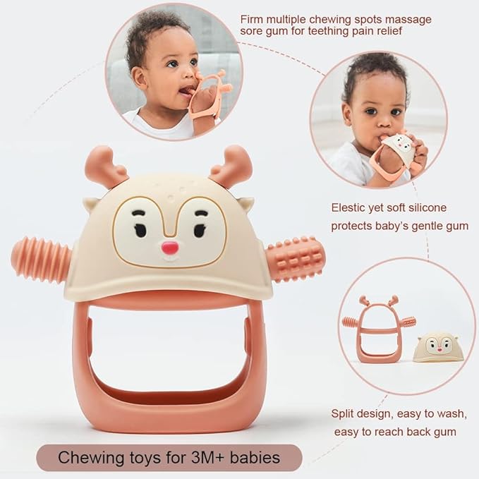 Smily Mia Teething Toys/Teethers for Babies 6-12 Months, Reindeer Baby Chew Toy 3-6 Months for Teething Relief, Get-A-Grip Baby Hand Teether, Silicone Teething Mittens for 0-6Months, Nude