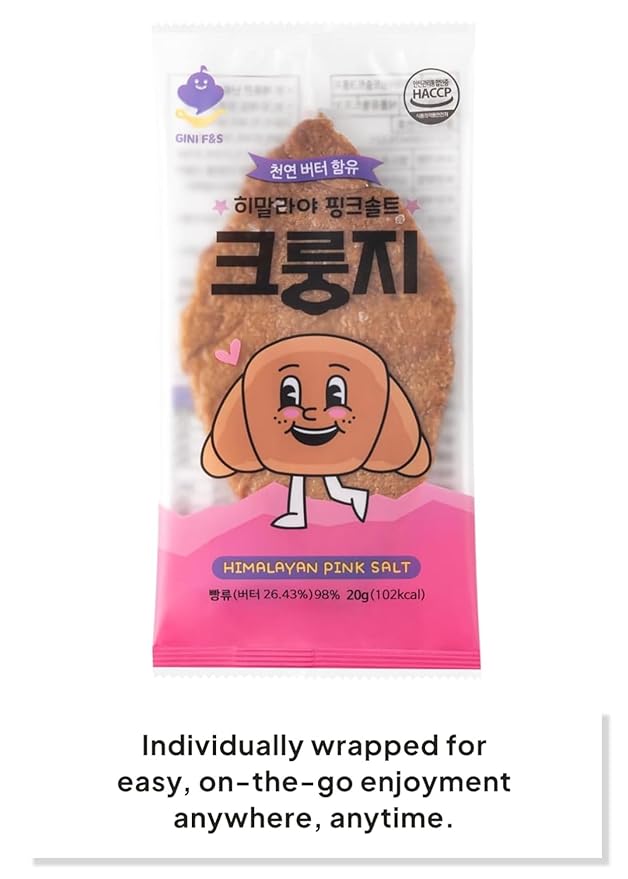 K FOOD KOREAN FOOD Flat Croissant Himalayan Pink Salt, Crispy and Buttery Dessert Bites, Only 102 Calories, Perfect for School Lunchboxes, Individually Wrapped, Pack of 10 (20g Each)