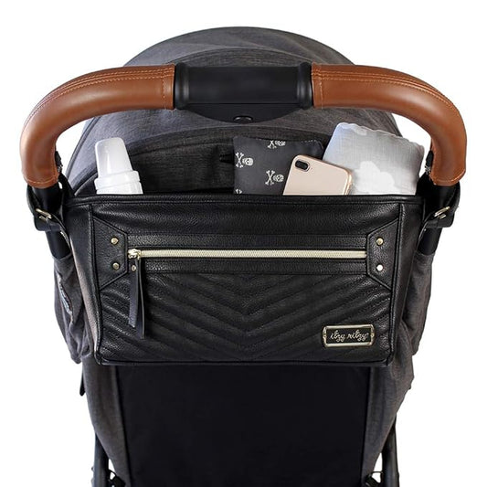 Itzy Ritzy Adjustable Stroller Caddy / Organizer - Stroller Organizer Bag Featuring Front Zippered Pocket, 2 Built-In Interior Pockets & Straps to Fit Nearly Any Model (Black with Gold Hardware)