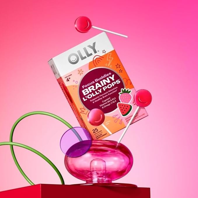 OLLY Focus Buddies L’OLLY Pops, Cognizin, Vitamins B6 and B12, Omega-3 ALA, Supports Focused Attention and Healthy Brain Function,* Kids 4+ Dietary Supplement, Watermelon Strawberry Flavored, 25 Count