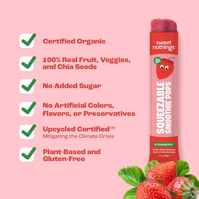 Sweet Nothings, Strawberry, USDA Organic Kids' Squeezable Fruit Smoothie Popsicle Pops, Value Pack of 24 - Dye-Free, No Added Sugar, Dairy-Free, Vegan, Organic Fruit and Veggie Pops, Freeze & Enjoy