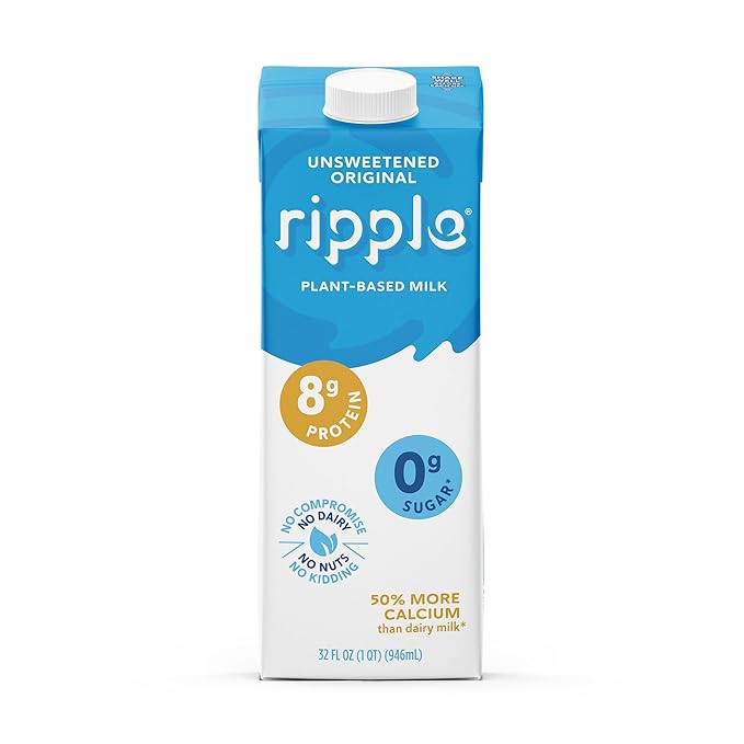 Ripple Unsweetened Original Plant Based Milk | 8g of Quality Sourced Pea Protein, Calcium Rich | Shelf Stable | Vegan, Non GMO | Dairy, Soy, Nut, & Gluten Free | 32 Fl Oz Cartons (Pack of 6)